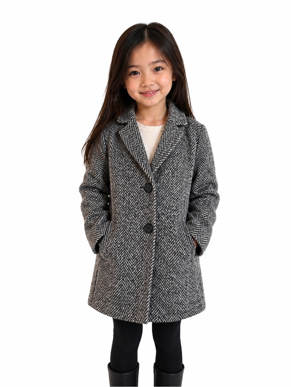 Cat & Jack Girls Herringbone Peacoat Gray Black Button Front Coat XS